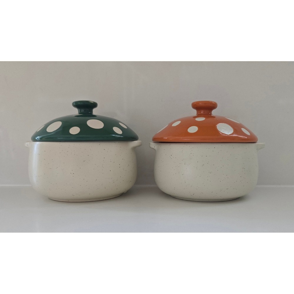 World Market Mushroom Ceramic Ramekin Set Green Orange Polka Dot Lids Set of 2